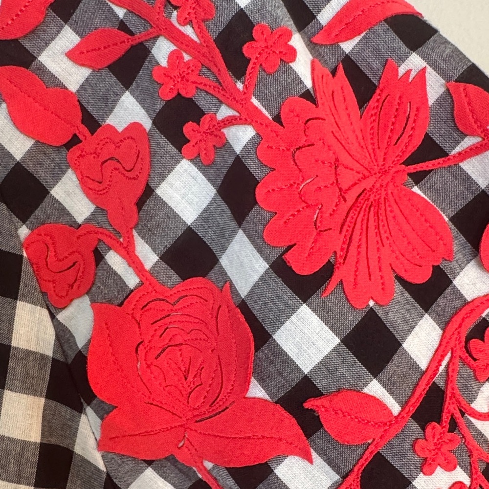 Black and White Checkered Top with Red Floral Embroidered Accents - Picture 4 of 6